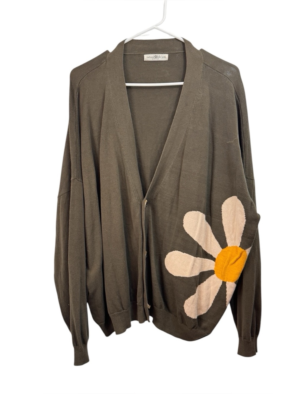 Natural Life Cardigan Sweater Size L/XL Brown Daisy Flower Graphic Knit Hippie